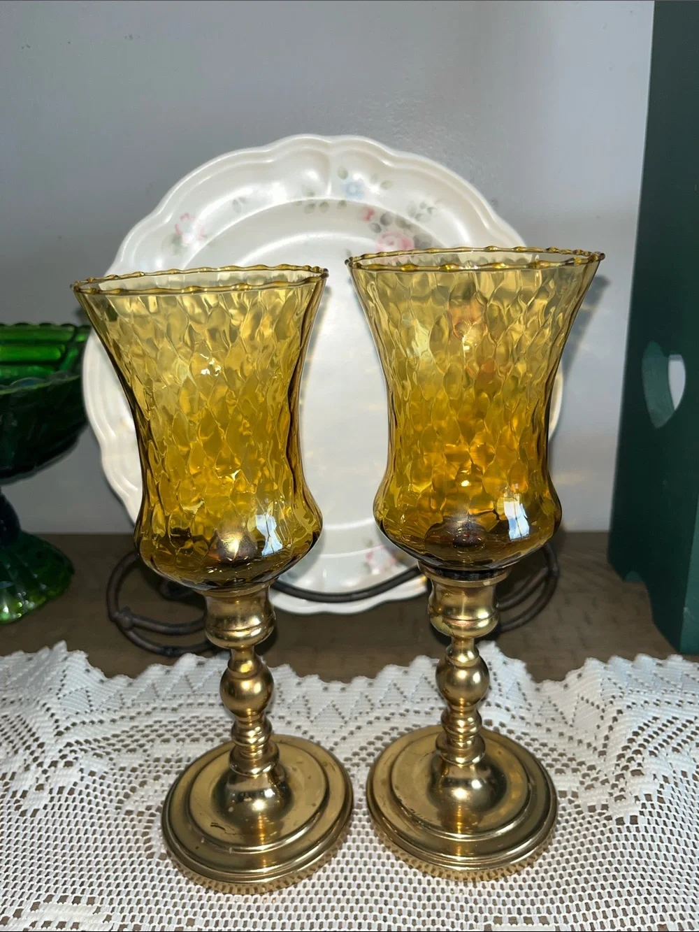 Set Of 2 Homco Vintage Candle Holders Amber Glass Honeycomb Votive Cups Decor